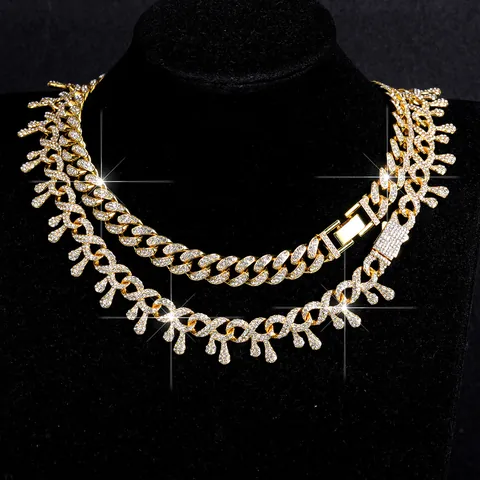 Hip Hop Luxury Iced Out Cuban Link Necklace Bracelet Zinc Alloy Rhinestone Punk Style Men Women Jewelry Accessory