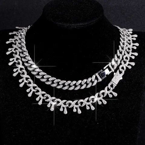 Hip Hop Luxury Iced Out Cuban Link Necklace Bracelet Zinc Alloy Rhinestone Punk Style Men Women Jewelry Accessory