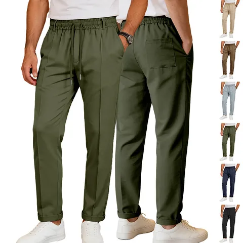 Men Casual Pants Loose Breathable High Waist Drawstring Twill Woven Fabric Solid Color Fashion Urban Long Trousers