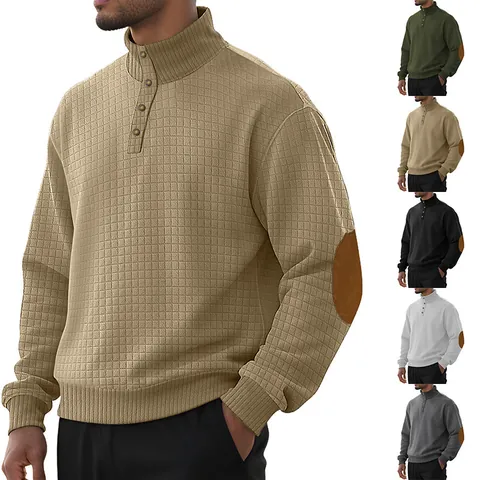 Mens Waffle Knit Sweatshirt Stand Collar Button Long Sleeve Casual Pullover With Elbow Patches