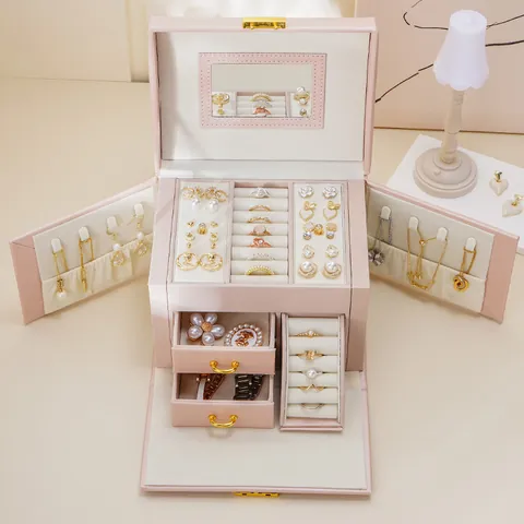 Jewelry Box PU Leather Multi Layer Organizer With Drawers Side Opening Wings Mirror Lockable Portable Storage Container