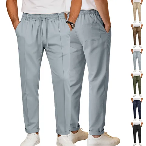 Pantalones Casuales Hombre Poliéster Aspecto Algodón Sarga Cintura Elástica Cordón Pierna Recta Negocios Primavera Otoño
