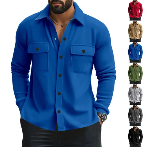 Men Shacket Shirt Jacket Casual Long Sleeve Lapel Collar Button Down Solid Color Outerwear With Chest Pockets Slim Fit