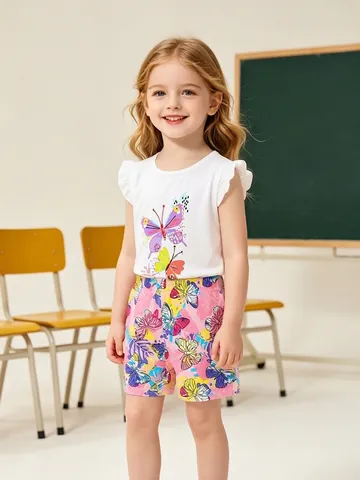 Ensemble de Vêtements d'Été pour Fillettes Manches Courtes Imprimé Papillon Top Blanc à Volants et Short Rose en Coton 2 Pièces