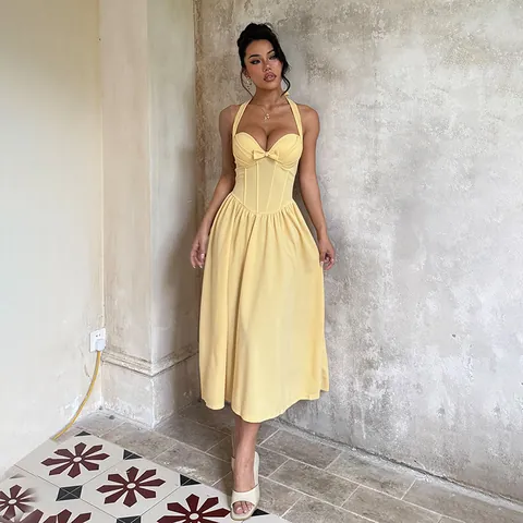 Halter Midi Jurk Polyester Strik Corset Taille A-Lijn Sexy Mouwloos Avondfeest Voor Vrouwen