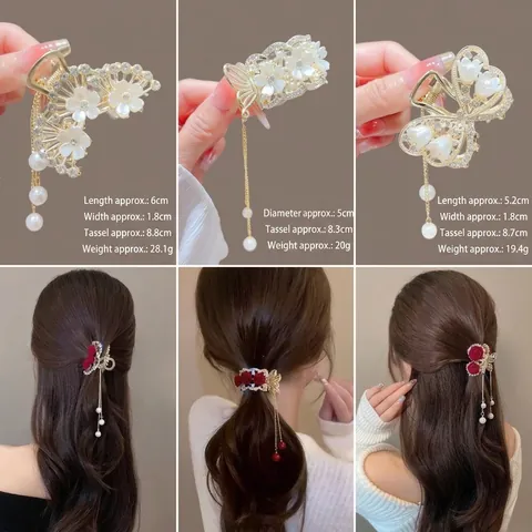 Elegant Flower Butterfly Hair Claw Clip With Long Faux Artificial Pearl Tassel Alloy Rhinestone Hair Accessories For Women
