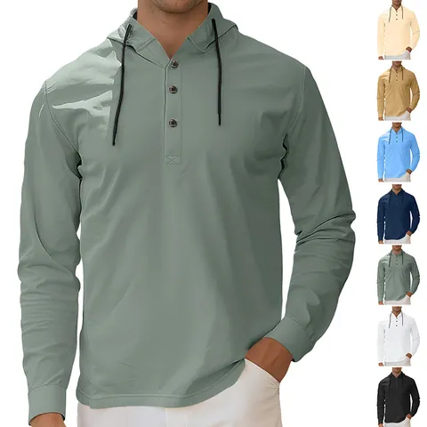Men Hooded Henley Shirt Long Sleeve Breathable Polyester Fabric Casual Vacation Solid Color Fashion Top