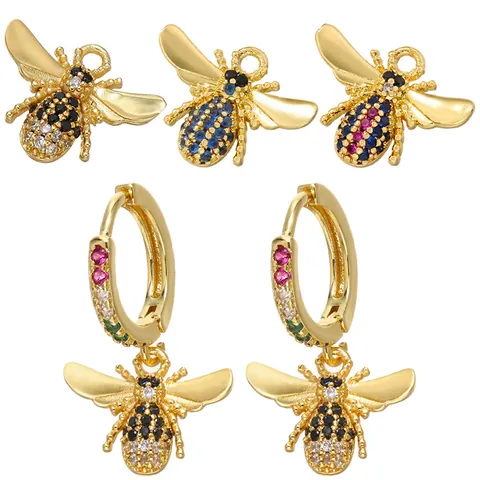 Messing Bunter Strass Biene Anhänger Ohrringe Mode Tier Geformt Mikro Pflaster Schmuck Für Damen Gold Silber Ton Geschenk