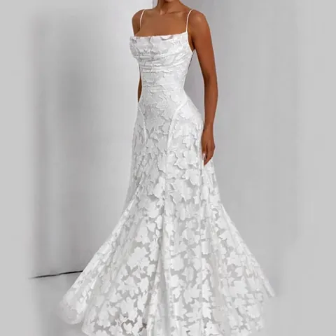 Robe Sans Manches Couleur Unie Taille Cintree Pour Femmes Elegante Robe Longue Jacquard En Dentelle Robe De Soiree Coupe En A