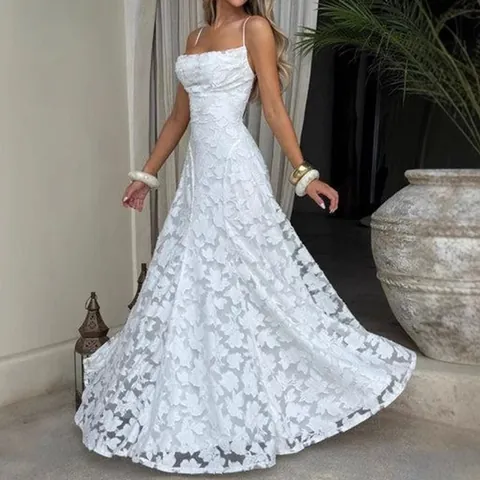 Robe Sans Manches Couleur Unie Taille Cintree Pour Femmes Elegante Robe Longue Jacquard En Dentelle Robe De Soiree Coupe En A