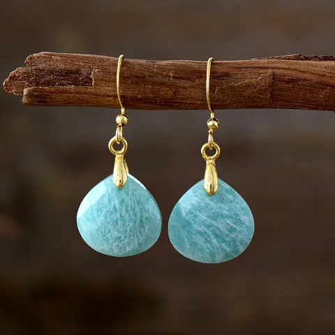 Orecchini Pendenti in Pietra Naturale da Donna Placcati Oro Forma a Goccia d'Acqua Agata Stile Vintage Old Money Gioielli