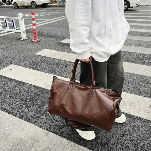 Vintage PU Leather Travel Bag For Men Women Large Capacity Waterproof Duffel Bag With Shoe Compartment Business Weekend Bag