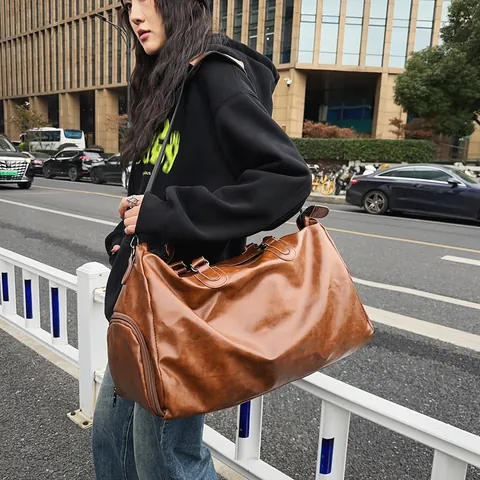 Vintage PU Leather Travel Bag For Men Women Large Capacity Waterproof Duffel Bag With Shoe Compartment Business Weekend Bag