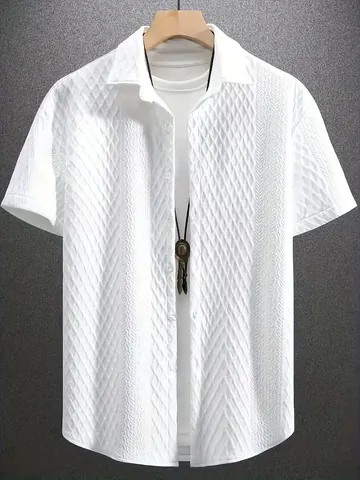 Herren Casual Kurzarm Strickhemd Jacquard Textur Reverskragen Einfarbig Polyester Knopfleiste Top Sommer Mode