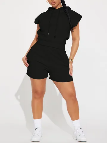 Women Casual Hooded Top And Shorts Co-ords Sporty Sleeveless Hoodie With Pockets Solid Color Polyester Summer Sportswear Suit