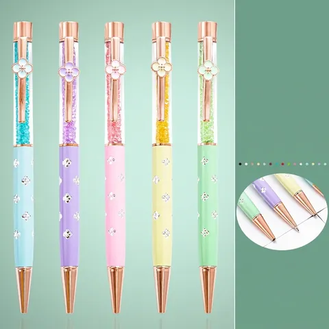 Elegant Four-Leaf Clover Crystal Ballpoint Pen Macaron Metal Rotating Ballpoint Pen 1.0mm Tip Writing Stationery For Women Gift