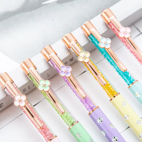 Elegant Four-Leaf Clover Crystal Ballpoint Pen Macaron Metal Rotating Ballpoint Pen 1.0mm Tip Writing Stationery For Women Gift