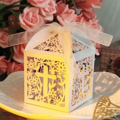 European Hollow Cross Candy Box Laser Cut Pearl Paper Gift Box With Ribbon For Wedding Baptism Party Favor Decor