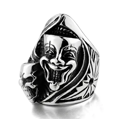 Vintage Stainless Steel Drama Mask Skull Ring For Men Punk Gothic Two Tone Gold Silver Relief Carved Biker Ring Jewelry