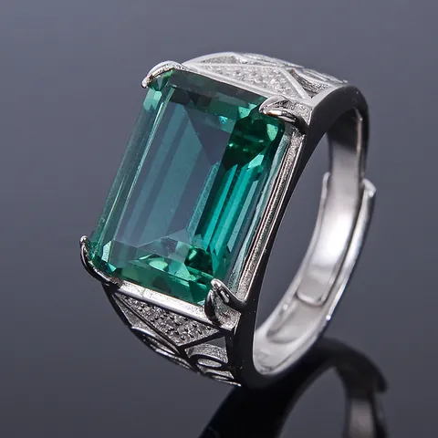 Bague pour Homme en Argent Sterling 925 Taille Émeraude Cristal Vert Bague Ouverte Réglable Bijoux de Luxe Incrustés de Strass