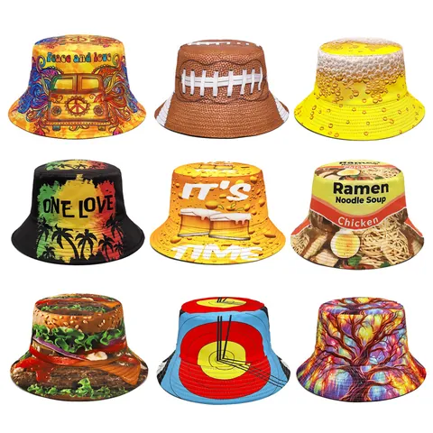 Polyester Creative Food Print Reversible Bucket Hat Hip Hop Summer Sun Protection Hat For Outdoor Party Vacation Travel Cap