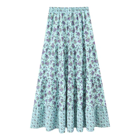 Damen Vintage Bohemien Blumenmuster Maxirock Locker Gestufter Elastischer Hoher Bund A-Linien-Rock Langer Rock Für Reise Urlaub Lässig