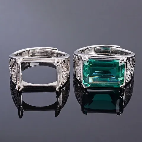 Bague pour Homme en Argent Sterling 925 Taille Émeraude Cristal Vert Bague Ouverte Réglable Bijoux de Luxe Incrustés de Strass