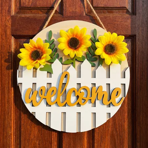Targa di Benvenuto in Legno Rustica Placca Rotonda da Appendere Con Girasoli Artificiali Margherita Corda di Juta Decorazione Casa Giardino