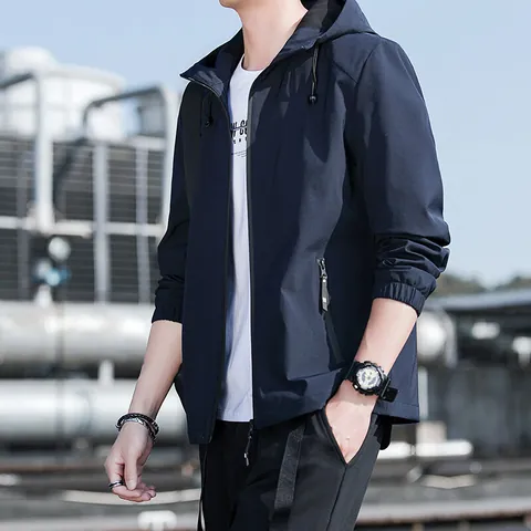 Men's Slim Fit Hooded Jacket Spring Autumn Thin Windproof Solid Color Zipper Casual Lightweight Fashion Outerwear Coat