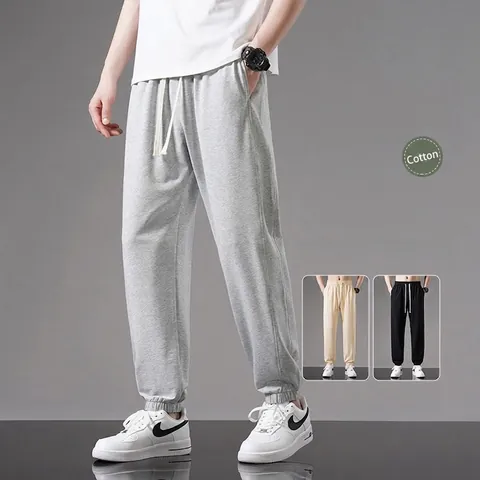 Men's Summer Thin Cotton Casual Joggers Fashionable Loose Sweatpants With Drawstring Waist Solid Color Sporty Bottoms