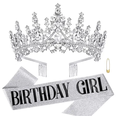 Luxury Rhinestone Birthday Tiara And Birthday Girl Queen Sash Set For Women Kids Gold Silver Crown Party Decorations