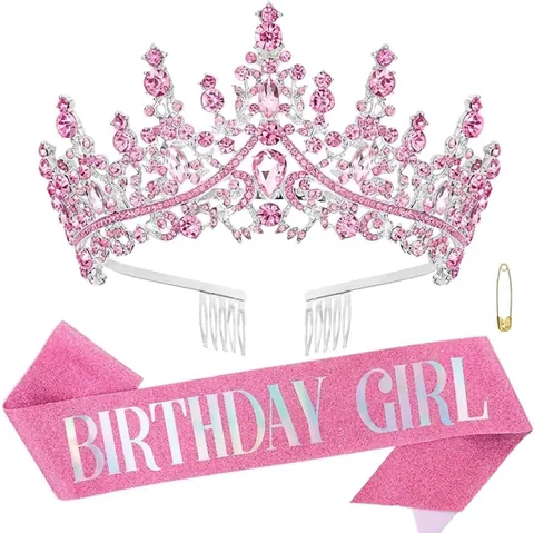 Luxury Rhinestone Birthday Tiara And Birthday Girl Queen Sash Set For Women Kids Gold Silver Crown Party Decorations
