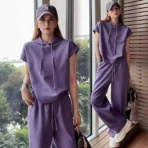Set Donna Casual Sportivo in Poliestere Felpa con Cappuccio e Pantaloni Top And Bottom Largo Tinta Unita Manica Corta