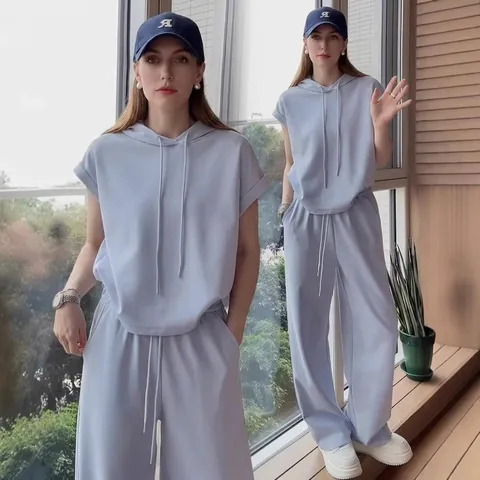 Set Donna Casual Sportivo in Poliestere Felpa con Cappuccio e Pantaloni Top And Bottom Largo Tinta Unita Manica Corta