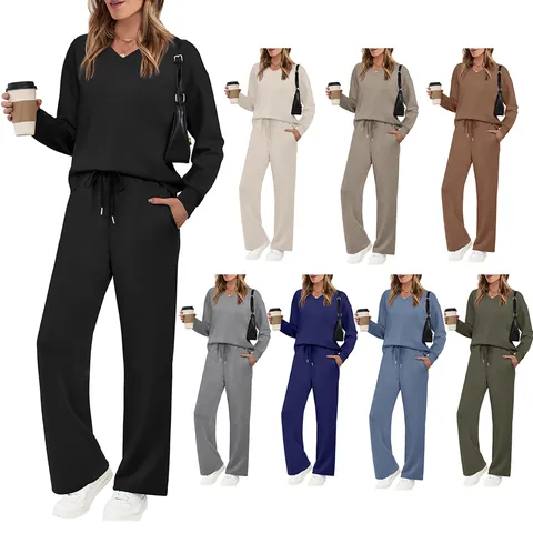 Completo Casual da Donna Tinta Unita Scollo a V Manica Lunga e Pantaloni con Coulisse Pendolare Comodo Loungewear