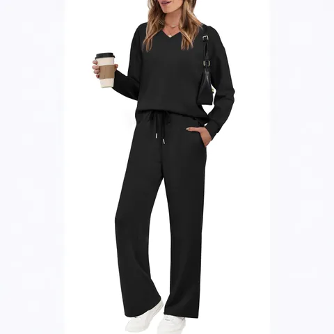 Completo Casual da Donna Tinta Unita Scollo a V Manica Lunga e Pantaloni con Coulisse Pendolare Comodo Loungewear