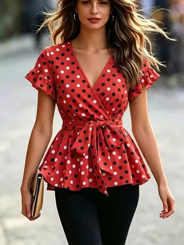 Women Fashion V-Neck Floral Print Blouse Ruffle Short Sleeve Tie Waist Peplum Top Summer Casual Bohemian Printed Shirt