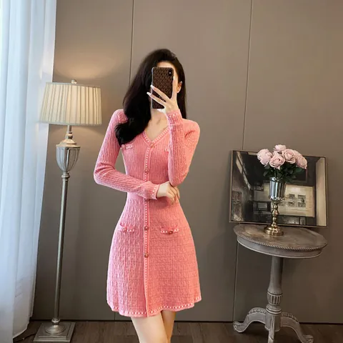 French Elegant Socialite Style V-Neck Knitted Dress Long Sleeve Slim A-Line Viscose Dress With Decorative Buttons For Women