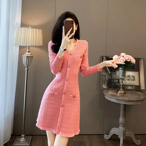 French Elegant Socialite Style V-Neck Knitted Dress Long Sleeve Slim A-Line Viscose Dress With Decorative Buttons For Women