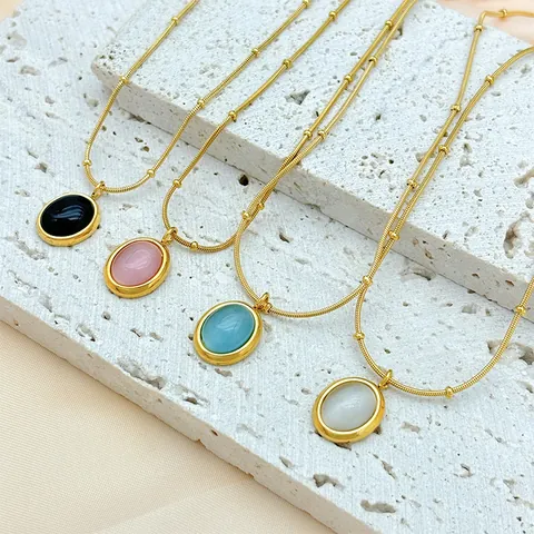Collana Minimalista in Acciaio al Titanio con Pendente in Pietra Occhio di Gatto Catena a Lisca di Pesce Stile Coreano Gioielli Donna