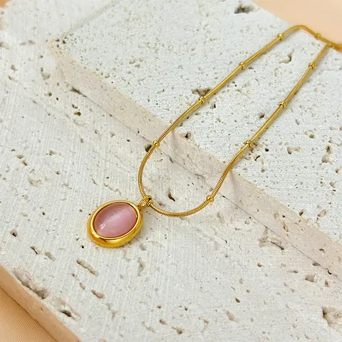 Collana Minimalista in Acciaio al Titanio con Pendente in Pietra Occhio di Gatto Catena a Lisca di Pesce Stile Coreano Gioielli Donna