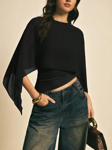 Elegante Chiffon Blouse Voor Dames Met Kaap Mouwen Gelaagd Ontwerp Ronde Hals Losse Pasvorm Effen Kleur