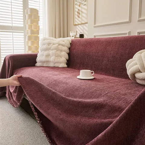 Minimalist Herringbone Chenille Sofa Cover With Fringe Solid Color Thick Anti-Scratch Furniture Protector Throw Blanket