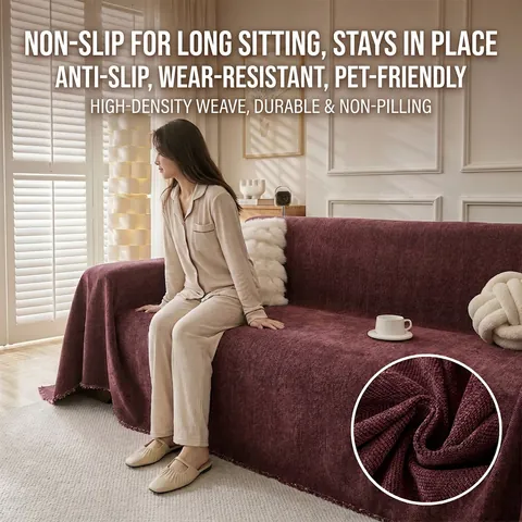 Minimalist Herringbone Chenille Sofa Cover With Fringe Solid Color Thick Anti-Scratch Furniture Protector Throw Blanket