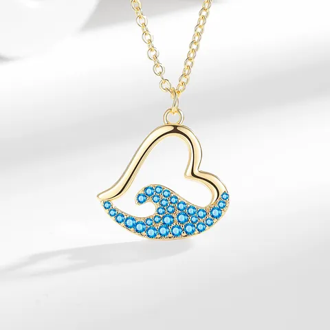 Elegante Collana Con Ciondolo Cuore Onda Marina Rame Con Intarsio Di Zircone Blu Per Donne Ragazze Gioielleria