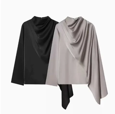 Satin Bluse Damen Asymmetrisch Drapierte Falten Stehkragen Langarm Elegant Minimalistisch Acetat Seidiges Schal Design Oberteil