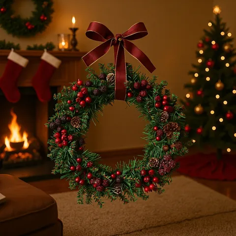 Artificial Christmas Wreath With Natural Pinecones Red Berries And Velvet Bow Door Hanging Festive Holiday Home Garland