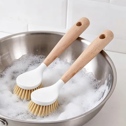 Kitchen Dish Brush With Wood Or Plastic Handle Long Pot Scrubber For Pan Bowl Cleaning Ergonomic Stiff Bristles Scouring Tool