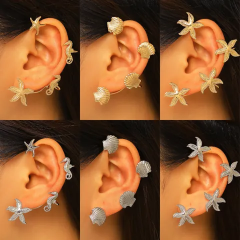 Orecchini a Cerchio da Lobo in Lega Tema Marino Stella Marina Conchiglia Ippocampo Senza Piercing Eleganti Gioielli di Moda per Donna
