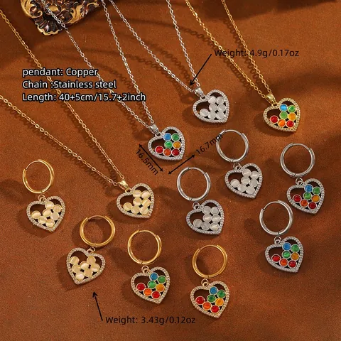 Stainless Steel Copper Rhinestone Heart Stud Earrings Necklace Colorful Beads Jewelry For Women Dating Party Fashion Accessories
